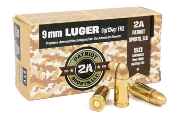 Image of Patriot Sports, USA 9mm Luger 124 Grain Full Metal Jacket Brass Cased Pistol Ammo, 50 Rounds, P9MM124F
