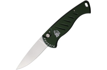 Image of Piranha Knives Auto Fingerling Automatic Folding Knife, 2.5in, 154CM, Plain Blade, Mirror Finish, Green Aluminum Handle, P-2G