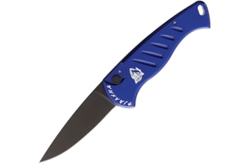 Image of Piranha Knives Auto Fingerling Automatic Folding Knife, 2.5in, 154CM, Plain Blade, Black Oxide, Blue Anodized Aluminum Handle, P-2BT