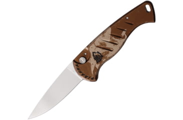 Image of Piranha Knives Auto Fingerling Automatic Folding Knife, 2.5in, 154CM, Plain Blade, Mirror Finish, Tan Camo Aluminum Handle, P-2C