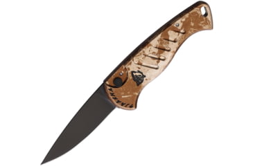 Image of Piranha Knives Auto Fingerling Automatic Folding Knife, 2.5in, 154CM, Plain Blade, Black Oxide, Tan Camo Aluminum Handle, P-2CT