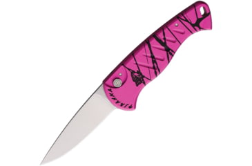 Image of Piranha Knives Auto Fingerling Automatic Folding Knife, 2.5in, 154CM, Plain Blade, Mirror Finish, Black/Pink Anodized Aluminum Handle, P-2PK