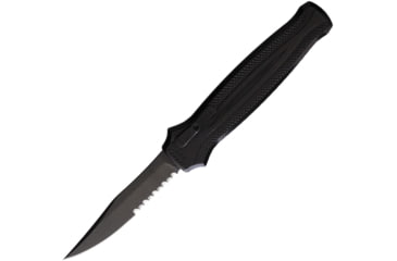 Image of Piranha Knives Auto Rated-R OTF Automatic Folding Knife, 3.5in, 154CM Clip Point Blade, Partially Serrated, Black Oxide, Black Aluminum Handle, P-19BKTS