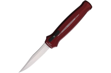 Image of Piranha Knives Auto Rated-R OTF Automatic Folding Knife, 3.5in, 154CM, Clip Point Blade, Mirror Finish, Burgundy Aluminum Handle, P-19R