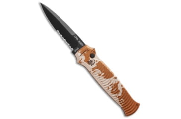 Image of Piranha Piranha Bodyguard Automatic Knife Desert Camo 3.3" Black Serr, Tan, CPM S30V, adult, BHQ-22885