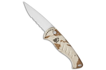 Image of Piranha Piranha Fingerling Desert Camo Automatic Knife 2.5" Mirror Serr, Camo/Tan, 154CM, adult, BHQ-17013