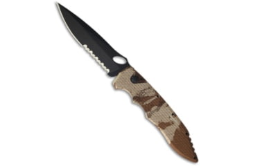 Image of Piranha Piranha Mini Predator Desert Camo Tactical Automatic Knife 3.5" Black Serr, Tan, CPM S30V, adult, BHQ-14253