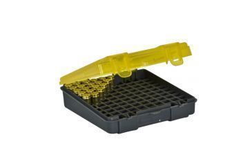 Image of Plano Handgun Ammo Case with Hinged Cover, 9mm, 100 count, Dark Gray/Transparent Amber, PMC122400