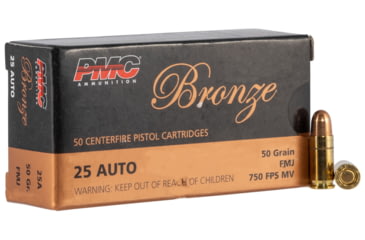 Image of PMC Ammunition Bronze .25 ACP 50 Grain Full Metal Jacket Brass Cased Pistol Ammo, 50 Rounds, 25A