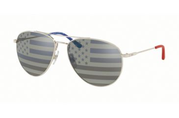Image of Polo PH3111 Sunglasses 9001V4-59 - Silver Frame, Grey Tam American Flag Sil/blu Lenses
