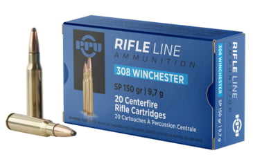 Image of PPU Standard Rifle .308 Winchester 150 Grain Soft Point Brass Cased Rifle Ammo, 20 Rounds, PP3081
