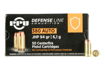 Image of PPU Defense .380 ACP 94 Grain Jacketed Hollow Point Brass Cased Pistol Ammo, 50 Rounds, PPD380A