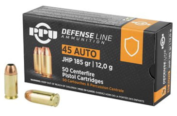 Image of PPU Defense .45 ACP 185 Grain Jacketed Hollow Point Brass Cased Pistol Ammo, 50 Rounds, PPD45