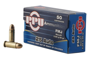 Image of PPU Handgun .25 ACP 50 Grain Full Metal Jacket Brass Cased Pistol Ammo, 50 Rounds, PPH25