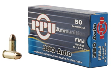 Image of PPU .380 ACP 94 Grain Full Metal Jacket Brass Cased Centerfire Pistol Ammo, 50 Rounds, PPH380AF