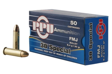 Image of PPU Handgun .38 Special 130 Grain Full Metal Jacket Brass Cased Pistol Ammo, 50 Rounds, PPH38SF