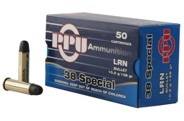 Image of PPU Handgun .38 Special 158 Grain Lead Round Nose Brass Cased Pistol Ammo, 50 Rounds, PPH38SL