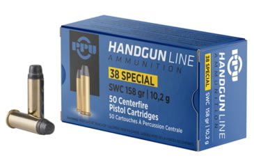 Image of PPU Handgun .38 Special 158 Grain Semi Wadcutter Brass Cased Pistol Ammo, 50 Rounds, PPH38SS