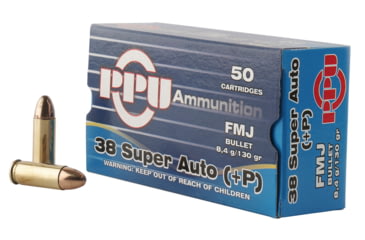 Image of PPU Handgun .38 Super 130 Grain Full Metal Jacket Brass Cased Pistol Ammo, 50 Rounds, PPH38SU