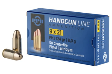 Image of PPU Handgun 9x21 IMI 124 Grain Full Metal Jacket Brass Cased Pistol Ammo, 50 Rounds, PPH921