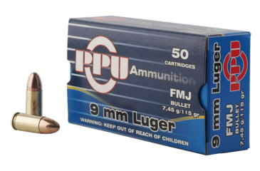 Image of PPU Handgun 9mm Luger 115 Grain Full Metal Jacket Brass Cased Pistol Ammo, 50 Rounds, PPH9F1