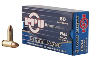 Image of PPU Handgun 9mm Luger 124 Grain Full Metal Jacket Brass Cased Pistol Ammo, 50 Rounds, PPH9F2