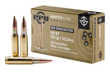 Image of PPU Match .308 Winchester 155 Grain Hollow Point Boat Tail Brass Cased Rifle Ammo, 20 Rounds, PPM3081
