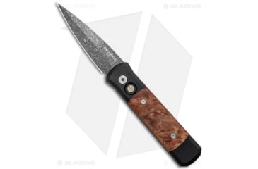Image of Pro-Tech Knives Custom Godson Automatic Folding Knife, 3.15in, Damascus, Spear Point Blade, Aluminum, Wood, Black/Wood Handle, Maple Burl, Spiro, Black/Wood/Black, 7.56 inch, BHQ-123683