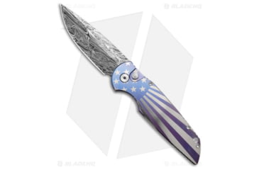 Image of Pro-Tech Knives Custom TR-3 Automatic Folding Knife, 3.40in, Damascus, Drop Point Blade, Titanium, Blue/Purple Handle, Blue/Purple/Black, 8.00 inch, BHQ-185904