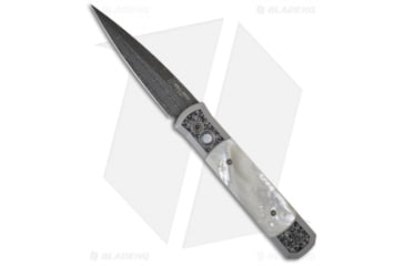 Image of Pro-Tech Knives Godfather Ultimate Custom Automatic Folding Knife, 4.00in, Damascus, Spear Point Blade, Mother of Pearl, Gray/White Handle, Stainless, Gray/White/Black, 9.25 inch, BHQ-7400