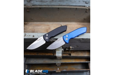 Image of Pro-Tech Knives Les George SBR Automatic Folding Knife, 2.60in, CPM S35VN, Drop Point Blade, Titanium, Bronze/Blue Handle, Bronze/Orange/Peel/Blue/Gray, 6.45 inch, BHQ-185898