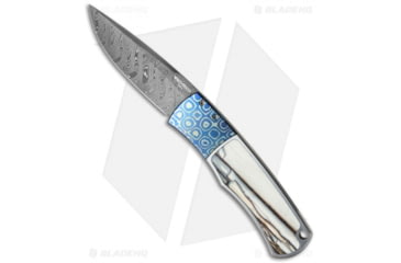 Image of Pro-Tech Knives Magic BR-1 Whiskers Custom Automatic Folding Knife, 3.125in, Damascus, Drop Point Blade, Stainless Steel, Blue/Gray/White Handle, Blue/Gray/White/Black, 7.25 inch, BHQ-30583