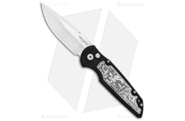 Image of Pro-Tech Knives TR-3 Shaw Steampunk Automatic Folding Knife, 3.375in, 154CM, Drop Point Blade, Aluminum, Black Handle, Black/Gray, 8.00 inch, BHQ-79348