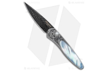 Image of Pro-Tech Knives Ultimate Custom Newport Automatic Folding Knife, 3.00in, Damascus, Spear Point Blade, Mother of Pearl, Gray/White Handle, MOP/Steel Shaw Engraving, Gray/White/Black, 7.125 inch, BHQ-104756