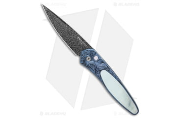 Image of Pro-Tech Knives Ultimate Custom Newport Automatic Folding Knife, 3.00in, Damascus, Spear Point Blade, Titanium, Blue Handle, MOP/Andrew Adams Engraving, Blue/Black, 7.125 inch, BHQ-122891