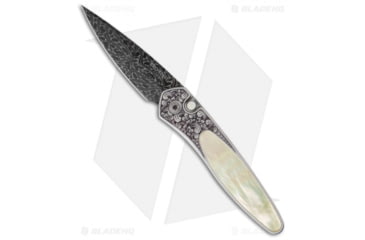 Image of Pro-Tech Knives Ultimate Custom Newport Automatic Folding Knife, 3.00in, Damascus, Spear Point Blade, Mother of Pearl, Gray/White Handle, Gold Lip Pearl, Gray/White/Black, 7.125 inch, BHQ-19863