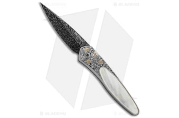 Image of Pro-Tech Knives Ultimate Custom Newport Automatic Folding Knife, 3.00in, Damascus, Spear Point Blade, Mother of Pearl, Gray/White Handle, Lip Pearl/Gold, Gray/White/Black, 7.125 inch, BHQ-19864