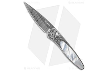 Image of Pro-Tech Knives Ultimate Custom Newport Automatic Folding Knife, 3.00in, Damascus, Spear Point Blade, Mother of Pearl, Gray/White Handle, Standard, Gray/White/Black, 7.125 inch, BHQ-30310