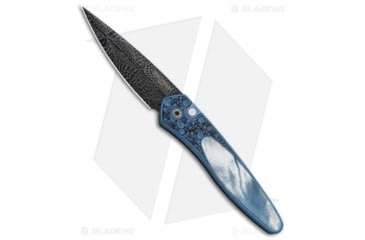 Image of Pro-Tech Knives Ultimate Custom Newport Automatic Folding Knife, 3.00in, Damascus, Spear Point Blade, Titanium, Blue Handle, Ti w/ Gold Lip Pearl, Blue/Black, 7.125 inch, BHQ-49065