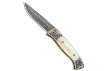 Image of Pro-Tech Knives Brend 2 Small Automatic Folding Knife, 2.90in, Damascus, Clip Point Blade, Mother of Pearl, Gold/Gray Handle, Gold/Gray/Black, 6.60 inch, BHQ-9492