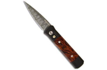 Image of Pro-Tech Knives Custom Godson Automatic Folding Knife, 3.15in, Damascus, Spear Point Blade, Ironwood, Black/Wood Handle, w/ Ironwood, 750-DIW, Black/Wood/Black, 7.56 inch, BHQ-9455