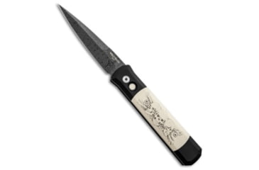 Image of Pro-Tech Knives Godfather Karst Skull Scrimshaw Automatic Folding Knife, 4.00in, Damascus, Spear Point Blade, Micarta, Black/White Handle, Black/White/Black, 9.25 inch, BHQ-21507