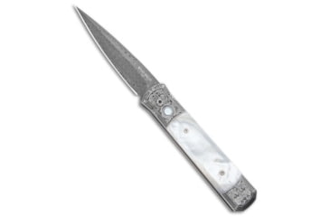 Image of Pro-Tech Knives Godfather Ultimate Custom Automatic Folding Knife, 4.00in, Damascus, Spear Point Blade, Mother of Pearl, Gray/White Handle, Steel, Gray/White/Black, 9.25 inch, BHQ-99247