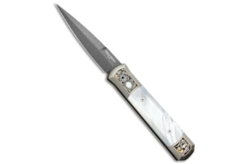 Image of Pro-Tech Knives Godfather Ultimate Custom Automatic Folding Knife, 4.00in, Damascus, Spear Point Blade, Titanium, Bronze/White Handle, Mother of Pearl, Bronze/White/Black, 9.25 inch, BHQ-71638