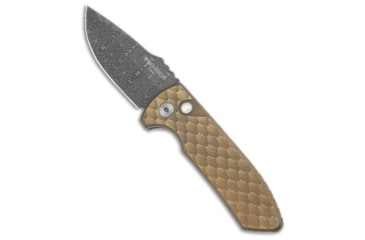 Image of Pro-Tech Knives Les George SBR Automatic Folding Knife, 2.625in, Damascus, Drop Point Blade, Titanium, Blue/Bronze Handle, Bronze/Blue Double Feather Ti, Damascus, Blue/Bronze/Black, 6.50 inch, BHQ-191507