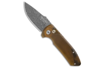 Image of Pro-Tech Knives Les George SBR Automatic Folding Knife, 2.625in, Damascus, Drop Point Blade, Aluminum, ULTEM, Black/Yellow Handle, Amber Ultem, Damascus, Black/Yellow/Black, 6.50 inch, BHQ-142907