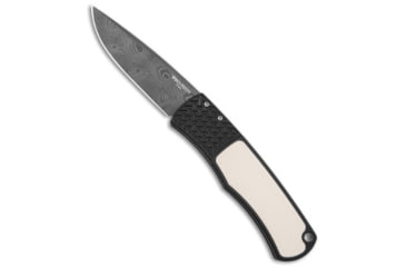 Image of Pro-Tech Knives Magic BR-1 Whiskers Automatic Folding Knife, 3.125in, Damascus, Drop Point Blade, Aluminum, Micarta, Black/White Handle, Tuxedo, Chad Nichols Damascus, Black/White/Black, 7.25 inch, BHQ-147065