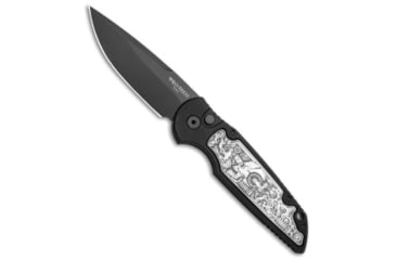 Image of Pro-Tech Knives TR-3 Shaw Steampunk Automatic Folding Knife, 3.375in, 154CM, Drop Point Blade, Aluminum, Black Handle, Black/Black, 8.00 inch, BHQ-80656