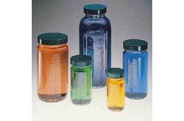 Image of Qorpak Bottle Beakers, Medium Rounds, Wide Mouth, Qorpak 7982 With Fluoropolymer Resin-Lined Green Thermoset Cap