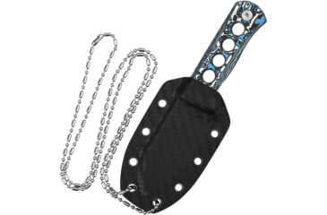 Image of QSP Knife Canary Damascus Black Neck Knife, 5.25in Overall, 2.5in Damascus Steel Blade, Black/White/Blue Carbon Fiber Handle, Black Kydex Neck Sheath, QS141-I